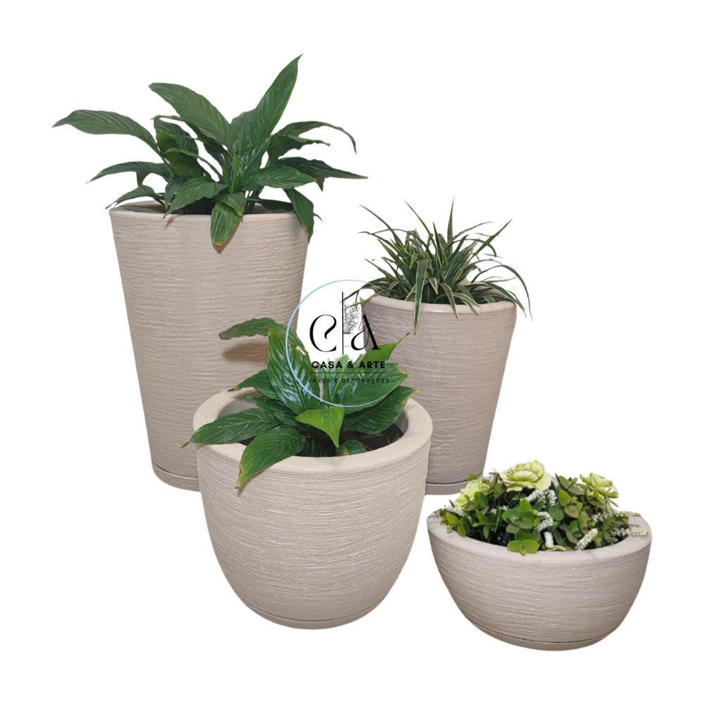 Kit 4 Vasos para Planta Flor Casa Jardim Polietileno Escovado Coluna Redonda N1 N2 Bojo N1 Bacia N1