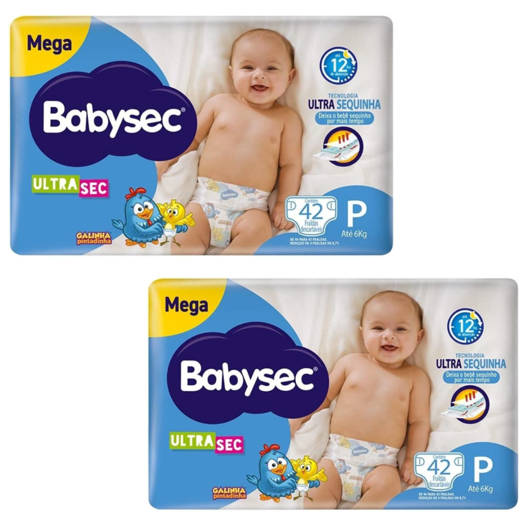 Kit 2 Fralda Descartável Babysec Mega UltraSec Tam P Galinha Pintadinha - Total 84 Unidades