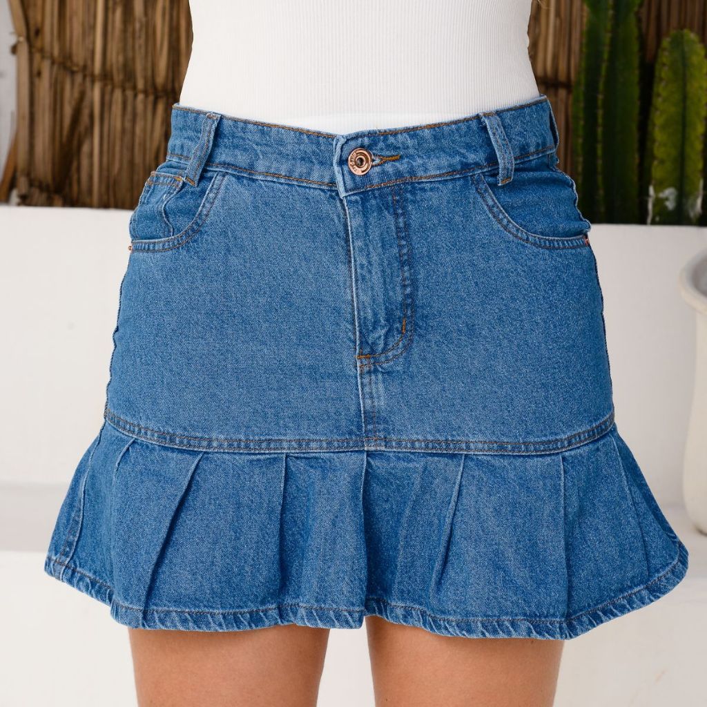 Saia Jeans Premium Feminina Com Detalhe Babado de Estilo Tradicional Verão Snow Power