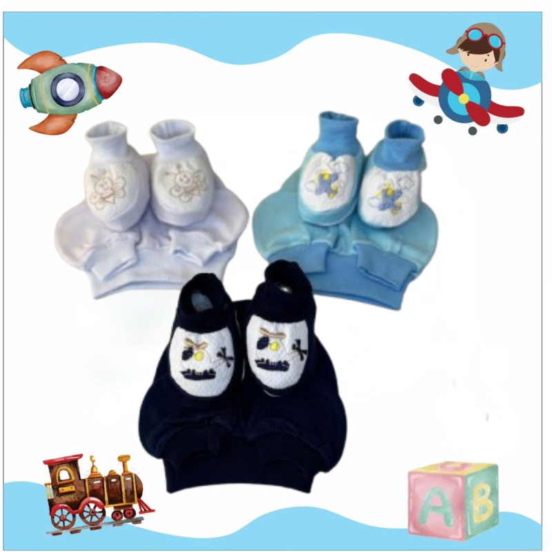 Kit 9 Peças 3 Pares de Pantufas bordada, 3 toucas e 3 pares de luvas, Para Bebê Malha Hipoalergênico 100% algodão. em Oferta na Shopee