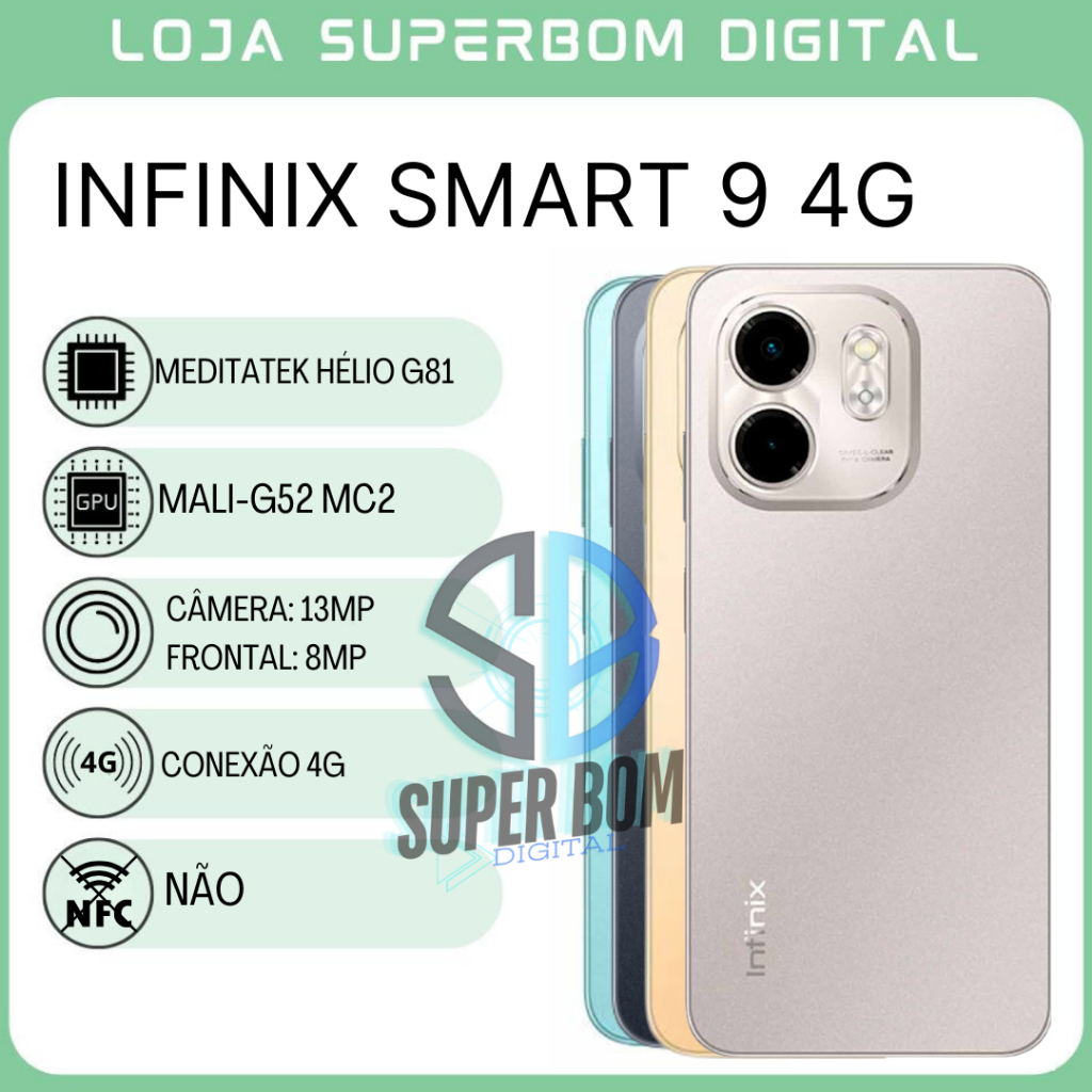 Infinix Smart 9, 128GB 4GB RAM, Câmera 13MP, Processador Mediatek Hélio G81, Bateria 5000MAH, Versão global, Lacrado