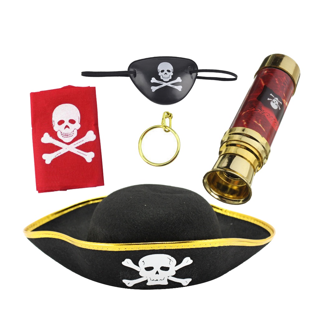 Kit Pirata Bandana Luneta Brinco Chapéu E Tapa Olho 5 Pçs