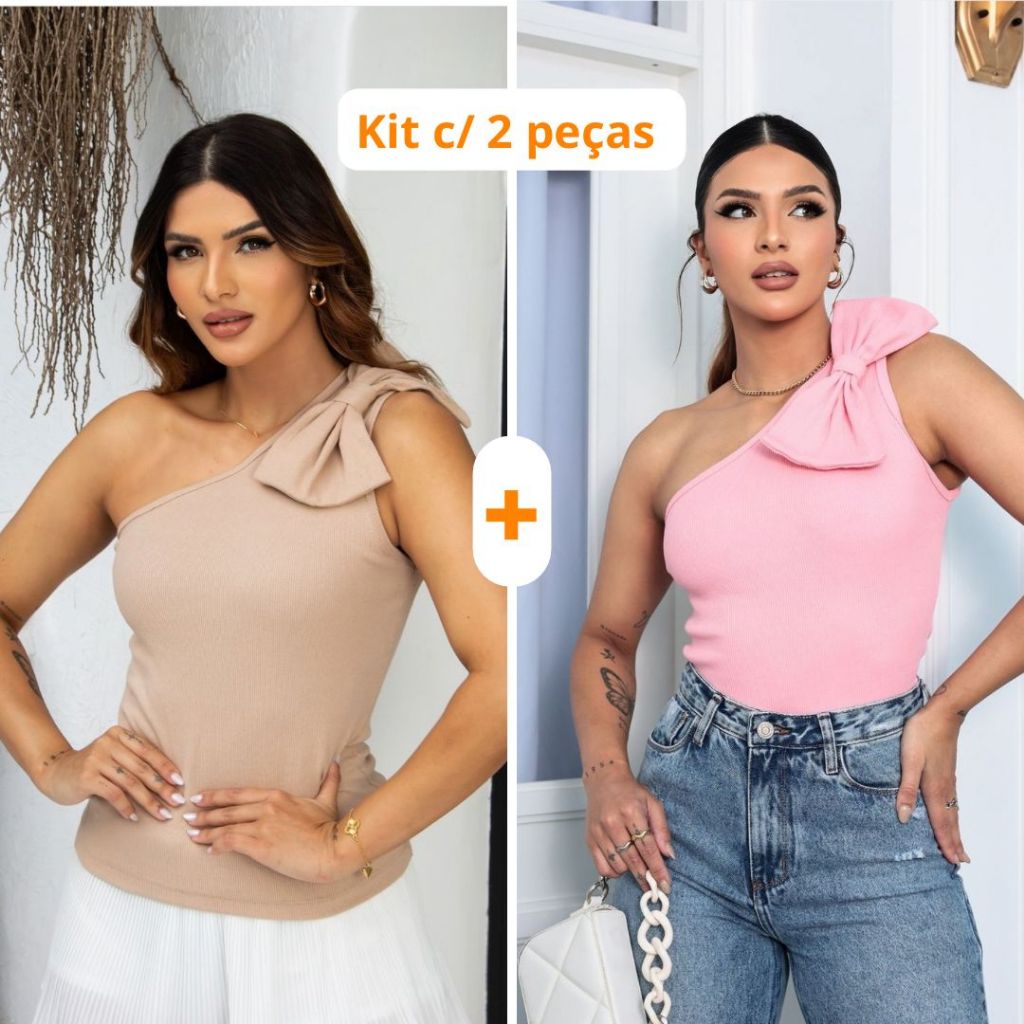 Kit 2 Blusas Feminina Nula Manga Com Laço Candy Collor Primavera Verão