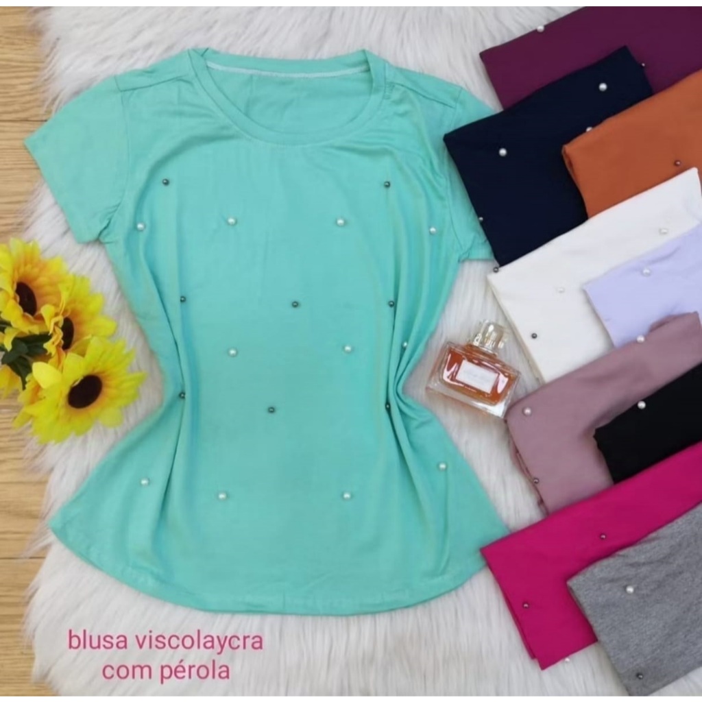 Blusinha T-Shirt de manguinha com pérolas
