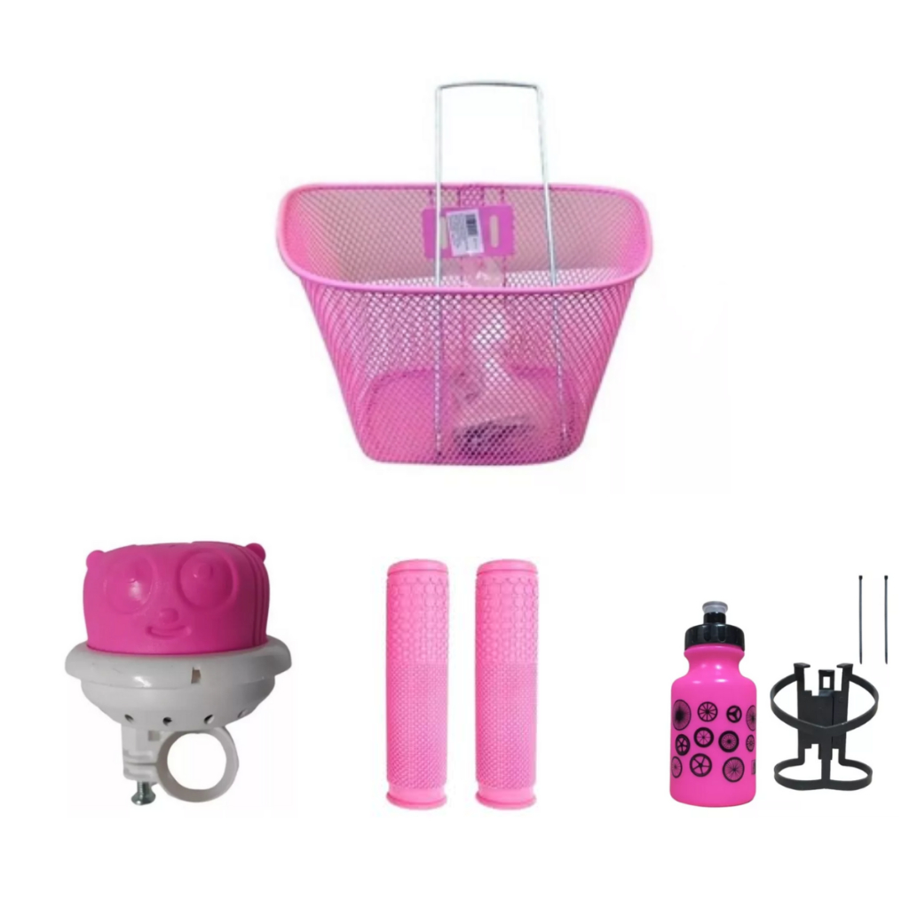 KIT BICICLETA ARO 20 CESTA ARAMADA ROSA- BUZINA FON - GARRAFA 300ML-MANOPLA DIPLOMATA