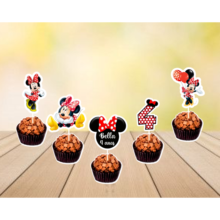 30 Toppers Tags para Docinhos/Cupcakes Tema Minnie Vermelha em Oferta na Shopee