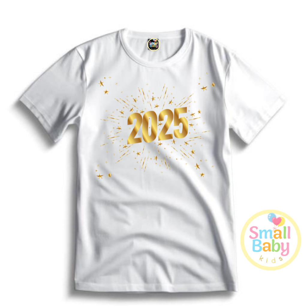 Camisa /Camiseta Infantl /Juvenil Unissex Feliz Ano novo 2025 Dourado Em Algodão