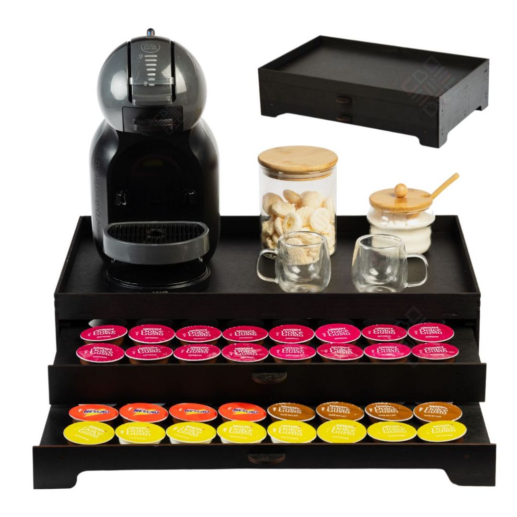 Bandeja Preta com Porta 80 Capsulas 2 Gaveta Embutida Decorativo Grande Mdf Organizador Apoio Servir em Oferta na Shopee