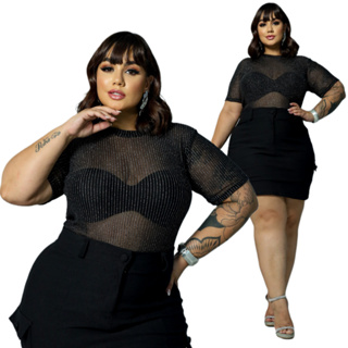 Blusa Body Plus Size Manga Curta Tule Com Brilho Fios Lurex look Festas Fim De Ano em Oferta na Shopee