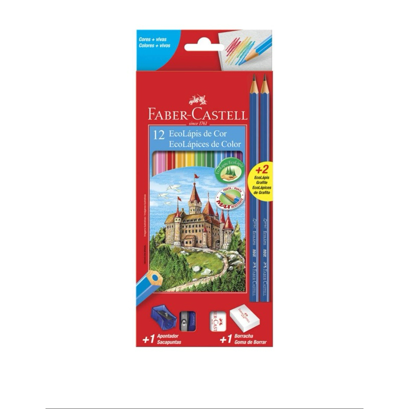 Lápis de Cor EcoLápis 12 Cores, Kit com Apontador, Borracha e 2 EcoLápis Grafite Faber-Castell CX 1 UN