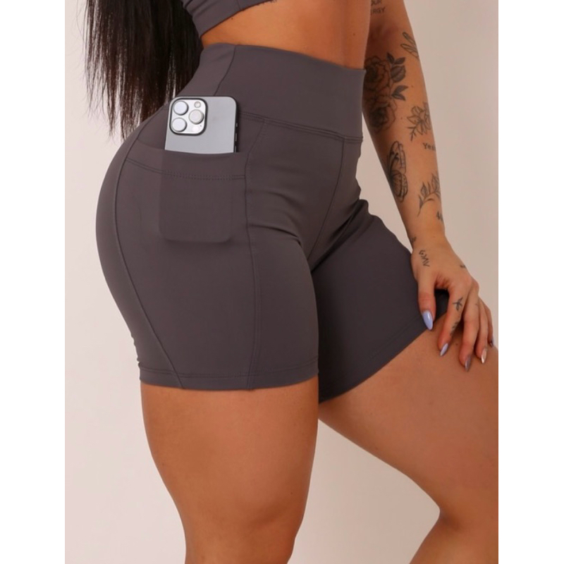 Short Poliamida Com Bolso, Short Feminino Corrida Cintura Alta, Zero transparência, Short Academia Esportivo Corrida.