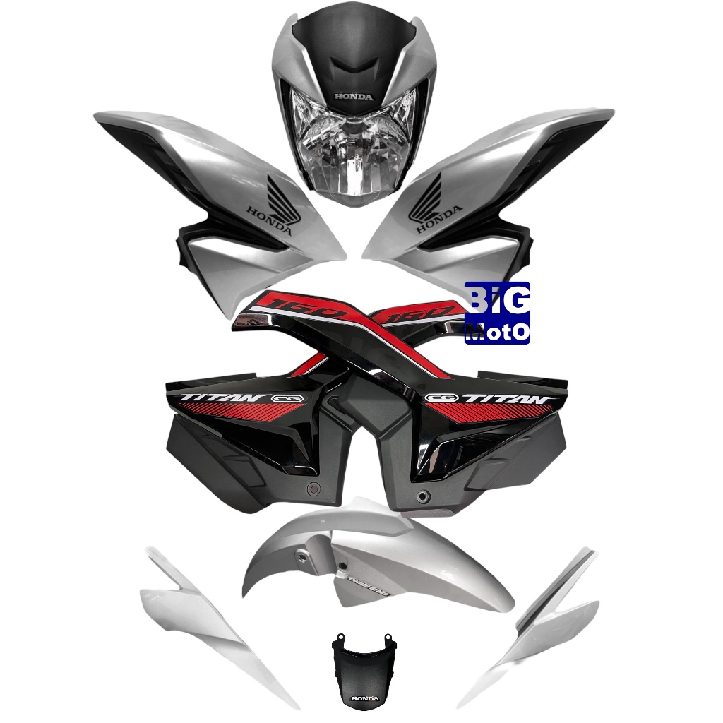 Kit CG Titan160 2023 Prata Force- Frente com aranha+Par Aba do tanque c/Compl+Par Tampa lateral c/Compl+Paralama+Rabeta