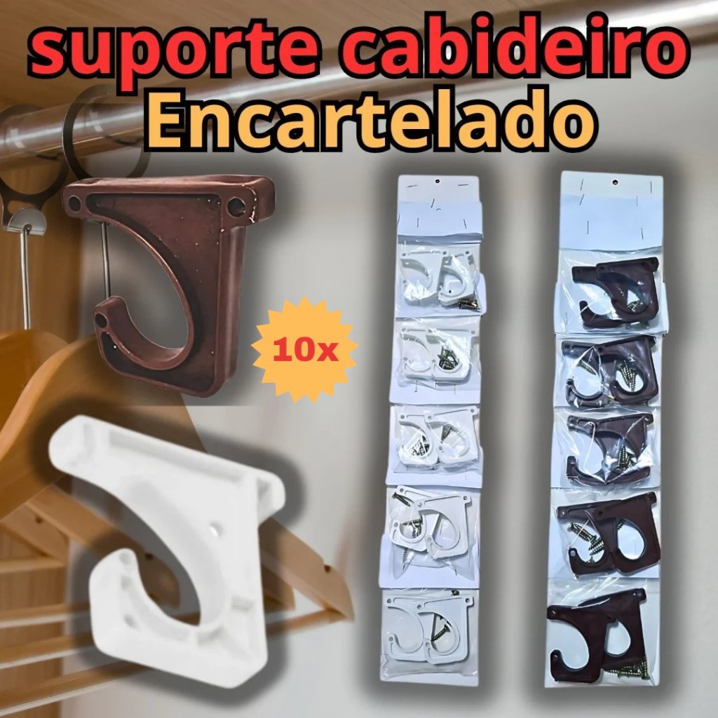 Suporte Cabideiro J Plástico Branco Mogno Jota para Guarda Roupa Closet Armário encartelado