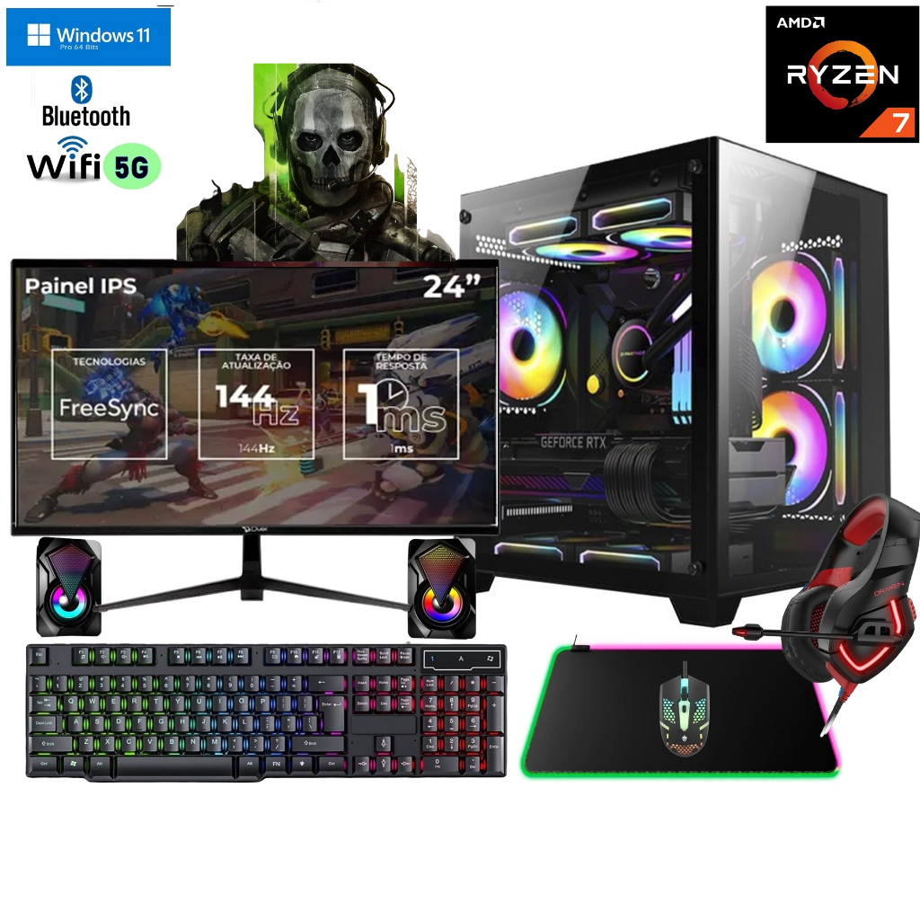 CPU Gamer Ryzen 7 Completo + P. Vídeo RTX 3050 6GB + 32GB RAM + Monitor IPS 24" 144Hz c/ garantia NF