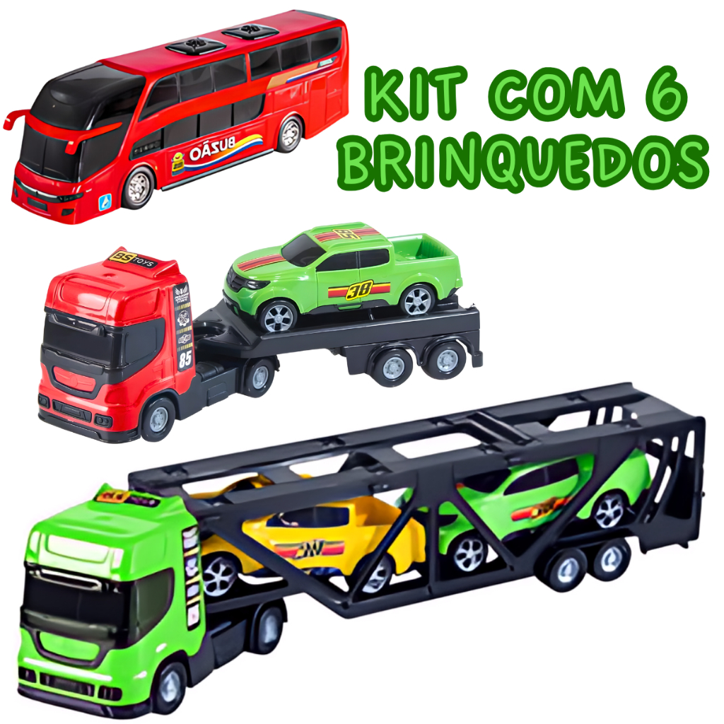 Kit Com 6 Brinquedos Para Menino Carreta Cegonha Caminha Reboque Onibus de Brinquedo Atacado