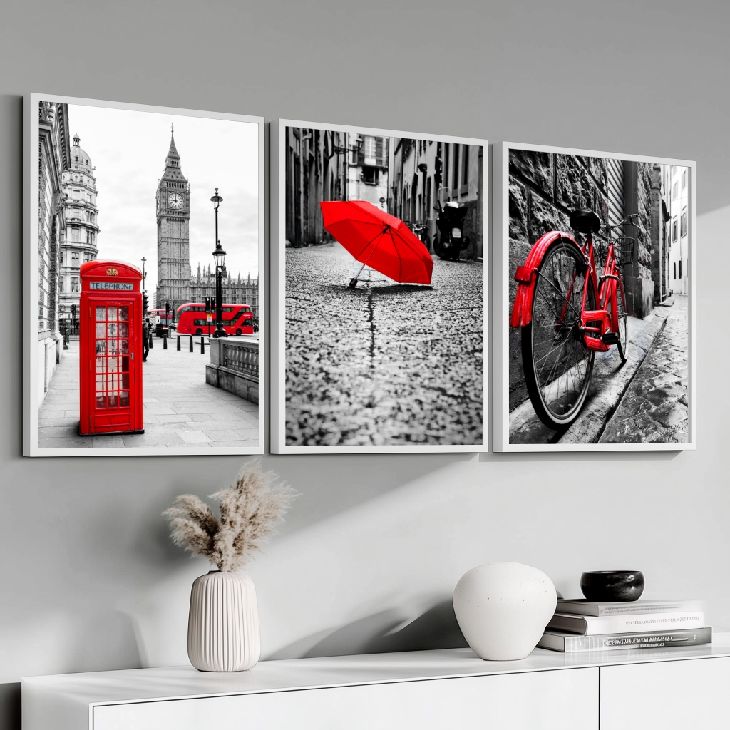 Trio Quadros Modernos Guarda chuva Telefone Vermelho Moldura Madeira