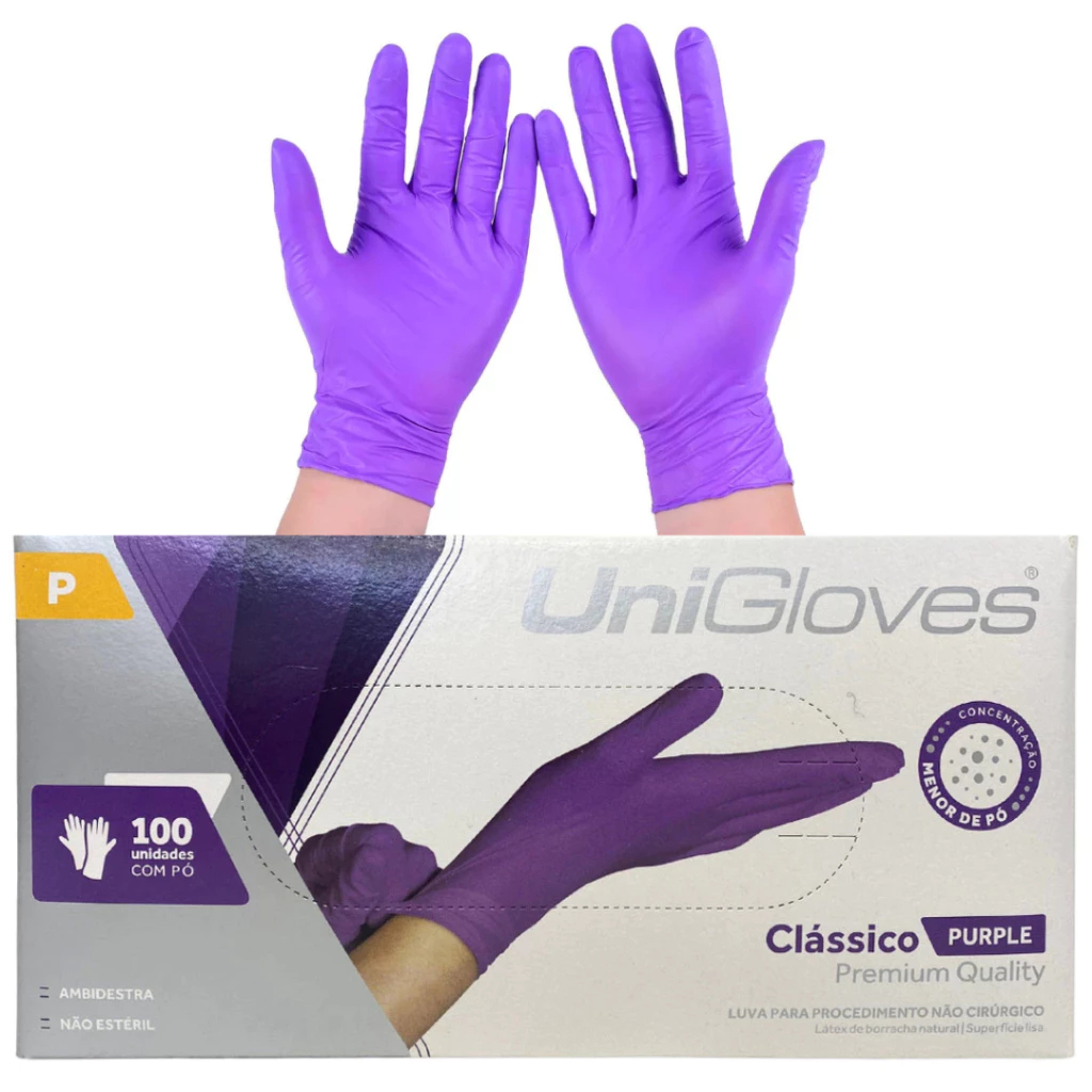 Kit 3 Luvas Descartáveis Látex Unigloves Clássico roxa (purple) C/300 Unidades Com Pó