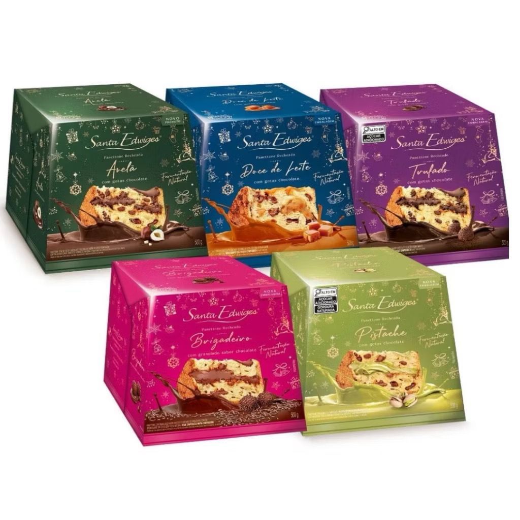 Panetone Recheado Premium Santa Edwiges 500g Panetone Gotas Creme Avelã Doce de Leite Brigadeiro Pistache Trufado