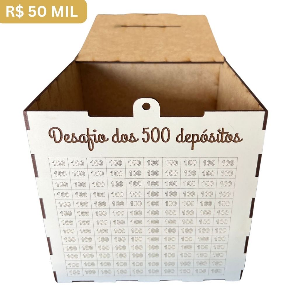 Cofre Desafio 50 Mil em 500 Depósitos Caixa Para Guardar Dinheiro Com Alça De Cadeado Em MDF Branco