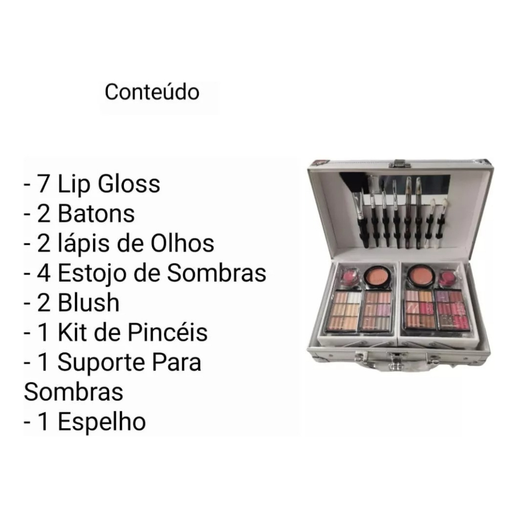 Detalhes do Maleta Prata Com Kit De Maquiagem Portátil Completa - Fenzza