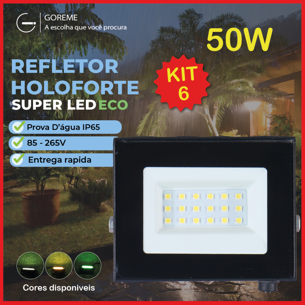 Kit 6 Refletor Led ECO 50W IP65 | Luz Econômica Fria, Quente e Verde | Bivolt 110V-220V em Oferta na Shopee