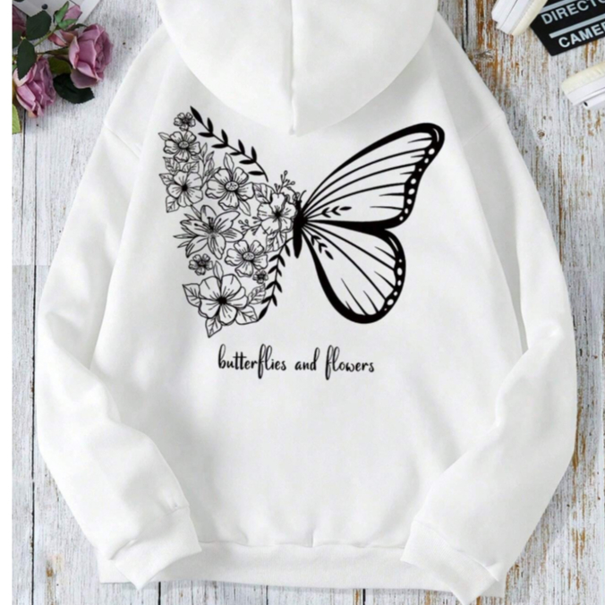 Moletom Feminino Modelo Canguru Flanelado Quentinho Estampado Borboleta Flores Minimalista Frase Inverno