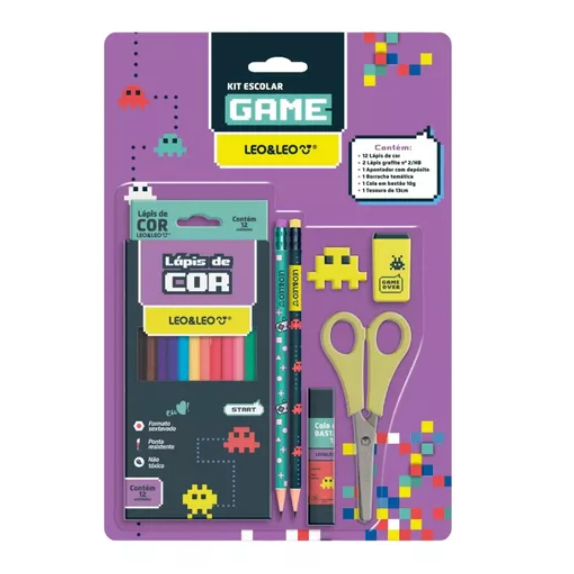 Kit Material Escolar Gamer Infantil Lapis, Tesoura, Cola
