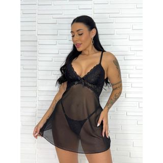 Camisola Calcinha Tule Liso Transparente Lingerie Renda Linha Noite Costas Abertas Moda Intima Adulto em Oferta na Shopee