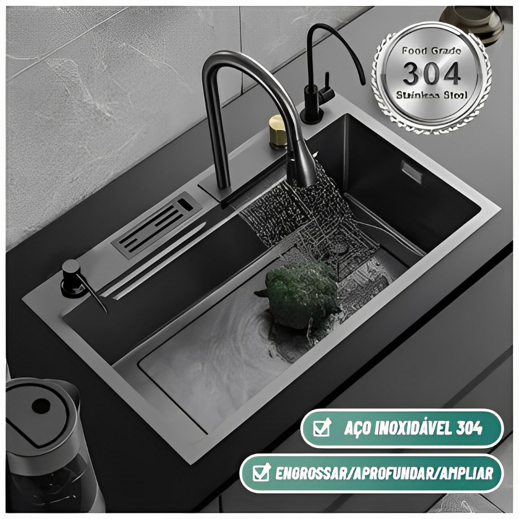 Kit Cuba Cozinha Gourmet Aço Inox C/ Torneira Flexível Preto /Com porta-faca