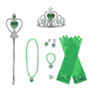 Kit Princesa Varinha Coroa Verde Tiana Luvas Brincos Colar Festa Carnaval Aniversário Fantasia