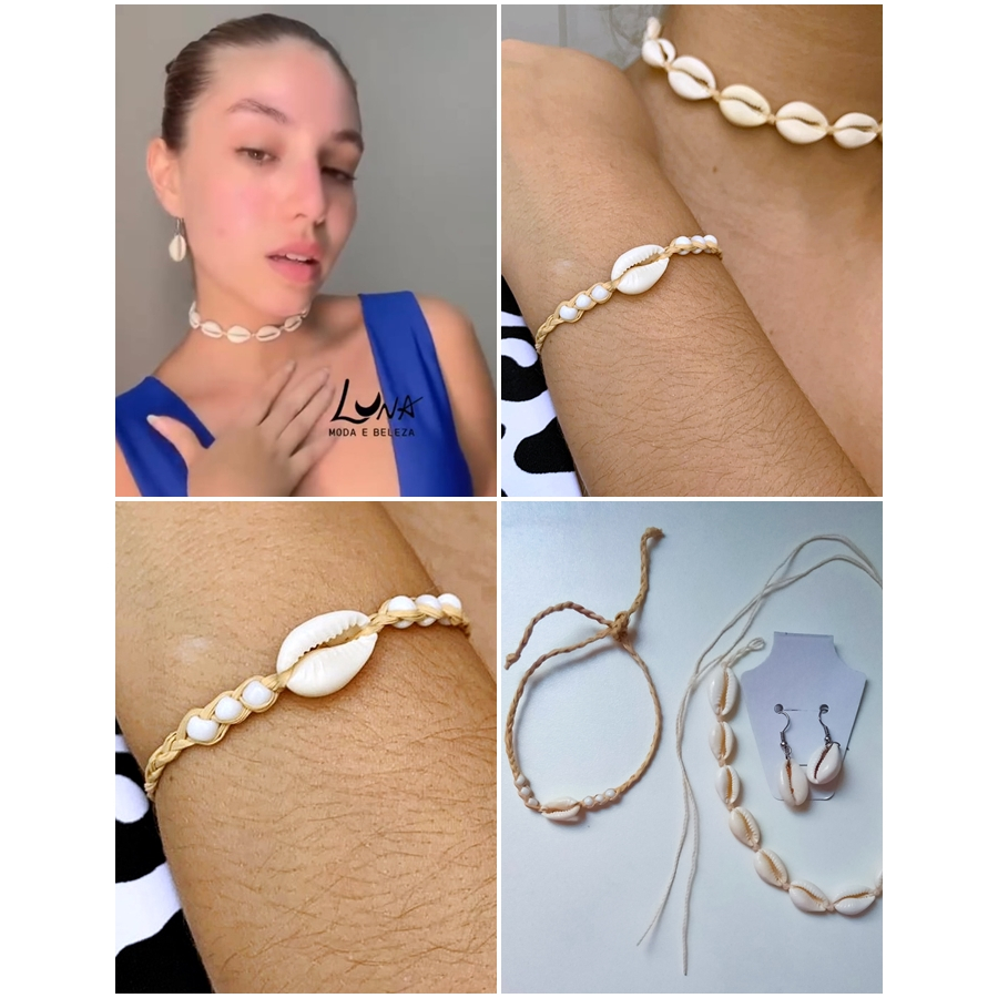 COLAR + Pulseira  + Brinco de  Búzios  Natural  Conjunto Praiano Bia Com 3 peças