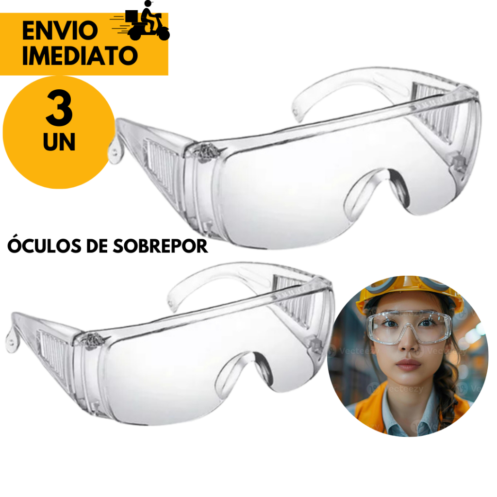 03 Un Óculos de Segurança Sobrepor Incolor com Proteção Lateral Vvision 300 I Policarbonato para Uso com Óculos de Grau.