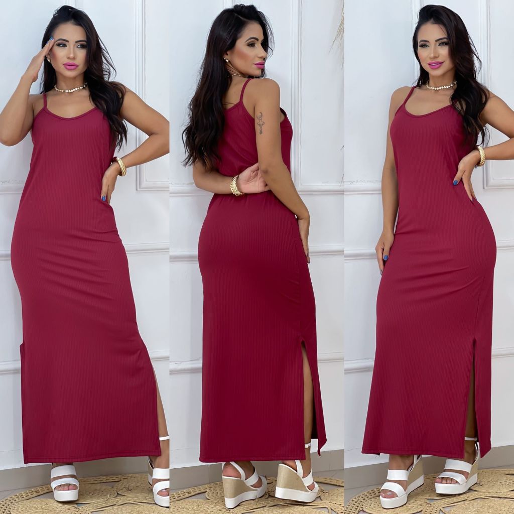 vestido longo de Alcinha com fenda lateral, tamanho único G veste do 40 ao 44 tecido canelado