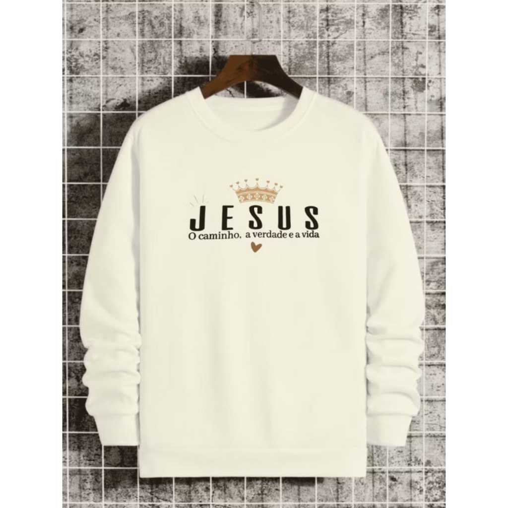 Blusa de Frio Estiloso e Confortável Moletom Gola Careca Estampada Estampa Religiosa
