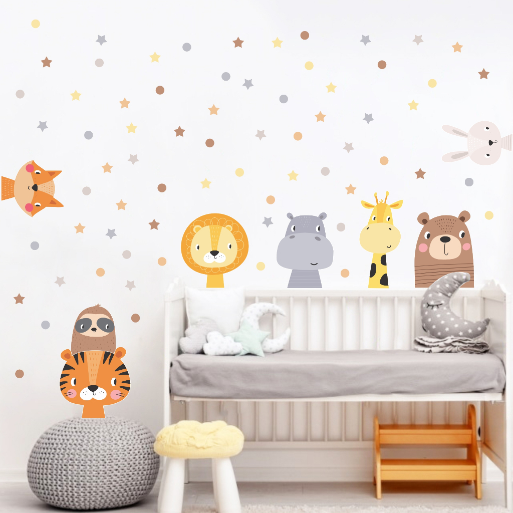 Adesivos de Parede Infantil Safari Boho Animais com Bolinhas e Estrelas Papel de Parede