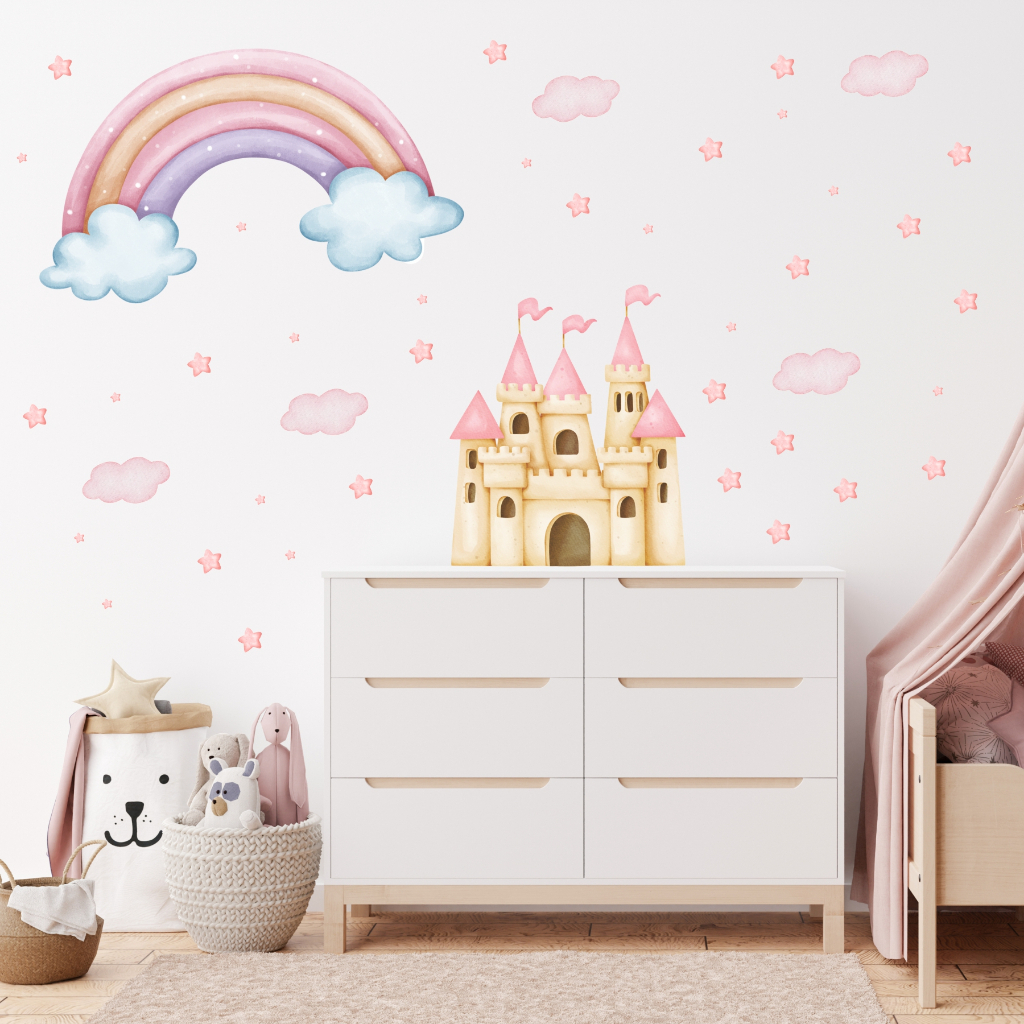 Adesivos Parede Infantil Arco íris Castelo Encantado Princesa com Nuvens Quartinho de bebê