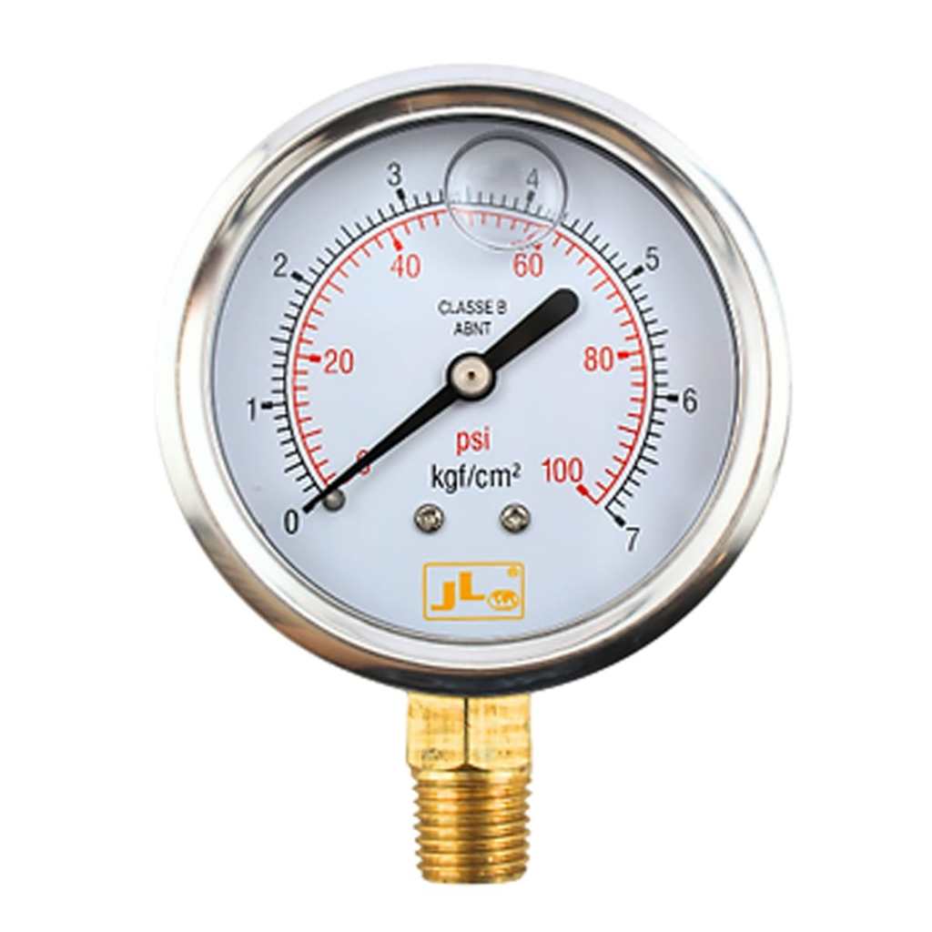 Manômetro de Pressão Inox Com Glicerina 0 a 100 PSI Rosca 1/4 BSP