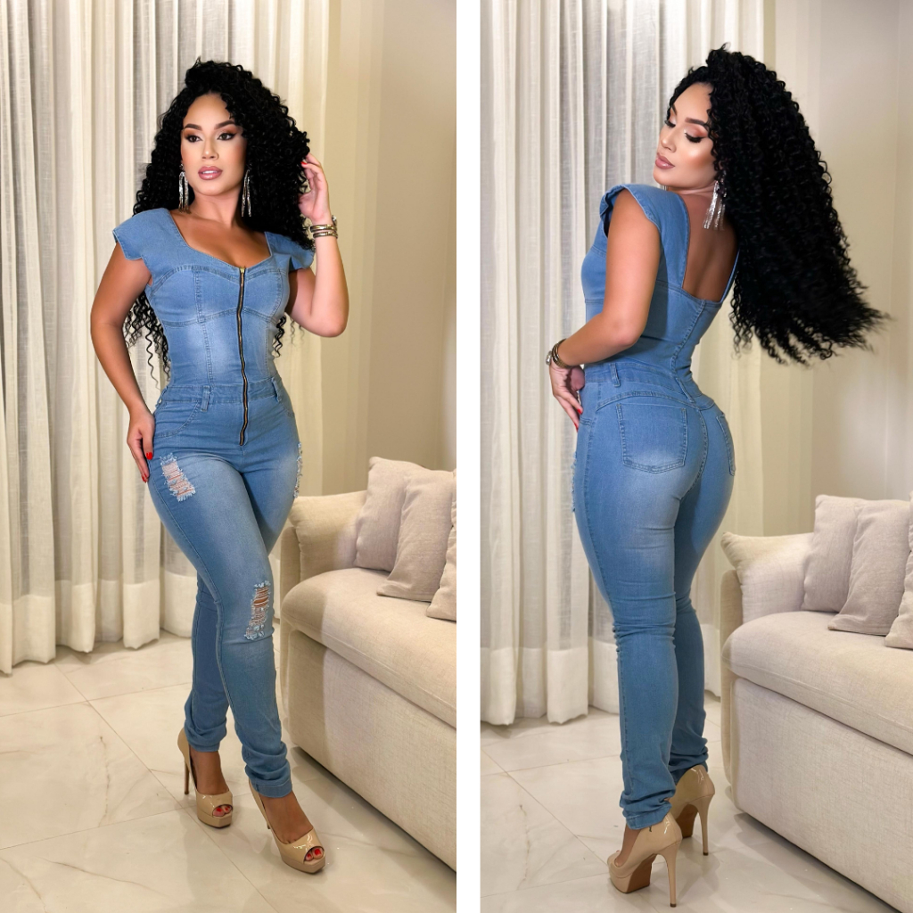 MACACÃO LONGO FEMININO JEANS COM LYCRA SKINNY EM LAVAGEM CLARA