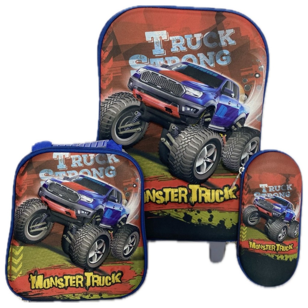 Mochila Escolar Infantil Monster Truck Com Lancheira e Estojo