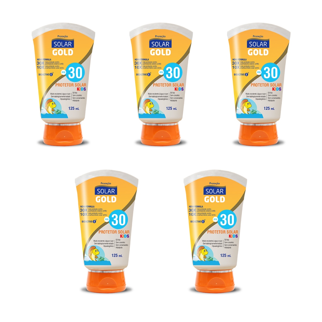 Kit 5un Protetor Solar Corporal Kids FPS 30 Toque Seco 125ml Solar Gold