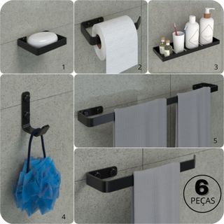 Kit Acessórios Para Banheiro Com Adesivo 6 Peças Preto Fosco