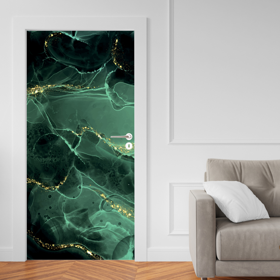 Papel Parede Adesivo para Portas de Madeira ou Vidro Decoração Revestimento - MARMORE ELEGANTE VERDE DOURADO