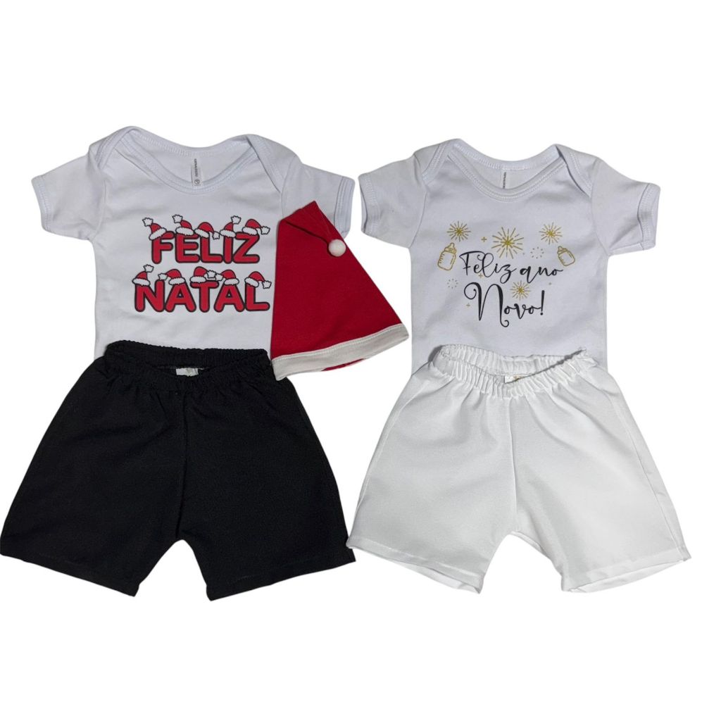 Kit C/ 2 Conjuntos Roupa Infantil De Bebê Menino Feliz Natal e Ano Novo Festa Natal Com Gorro Natalino