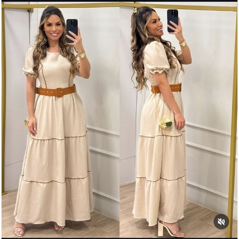 Vestido Longo com Manga Forrado Tecido Duna Onda Não Amassa Moda Evangélica