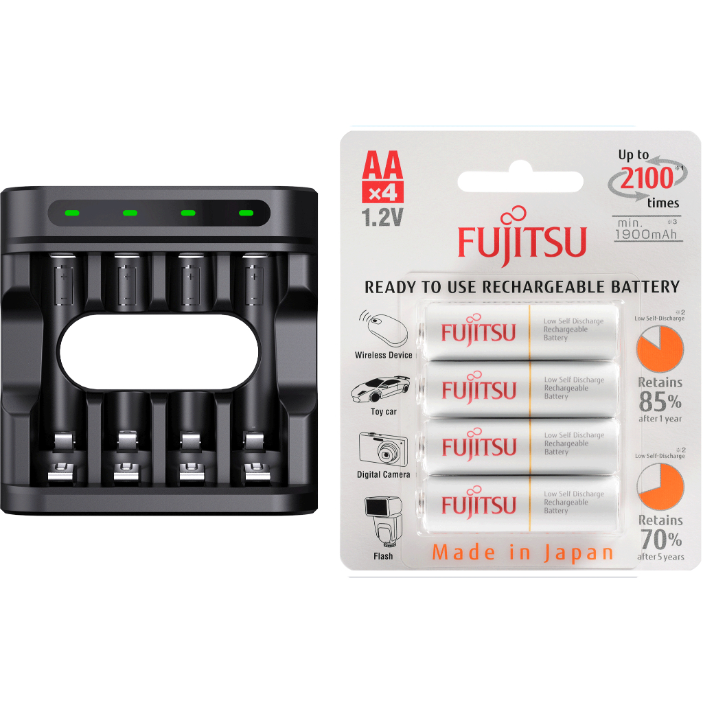 Carregador Enercell 4-LN com 4 pilhas AA Recarregáveis da Fujisu Standard