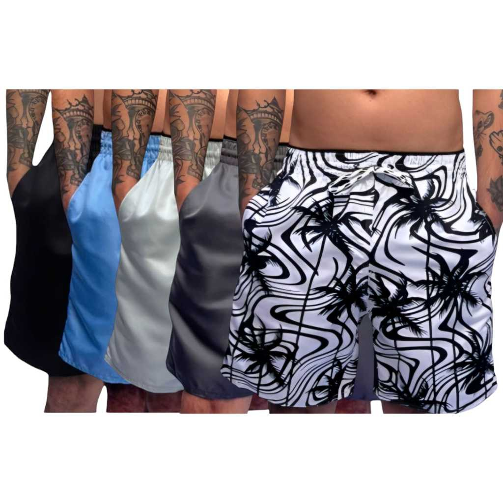 Kit 5 Shorts Masculino Mauricinho Tactel Grosso Premium Liso Estampado Com 3 Bolsos Bermuda Moda Praia Verão