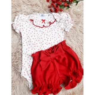 Conjunto body e shorts flor vermelha malha 100% algodão em Oferta na Shopee