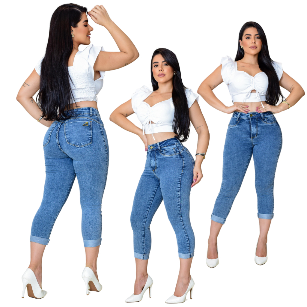 Calça Feminina Jeans Capri Modeladora Cintura Alta Empina Bumbum Com Elastano em Oferta na Shopee