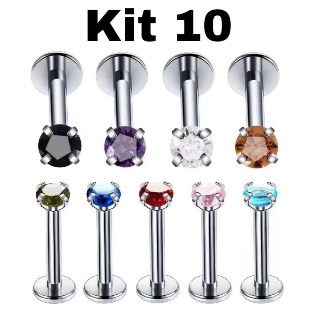 Kit 10 Piercing Ponto de Luz em Aço Cirúrgico Prateado com Zircônia 3mm Cravejada em Cores Diversas KA001