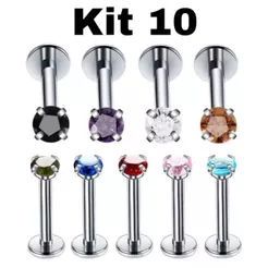 Kit 10 Piercing Ponto de Luz em Aço Cirúrgico Prateado com Zircônia 3mm Cravejada em Cores Diversas KA001